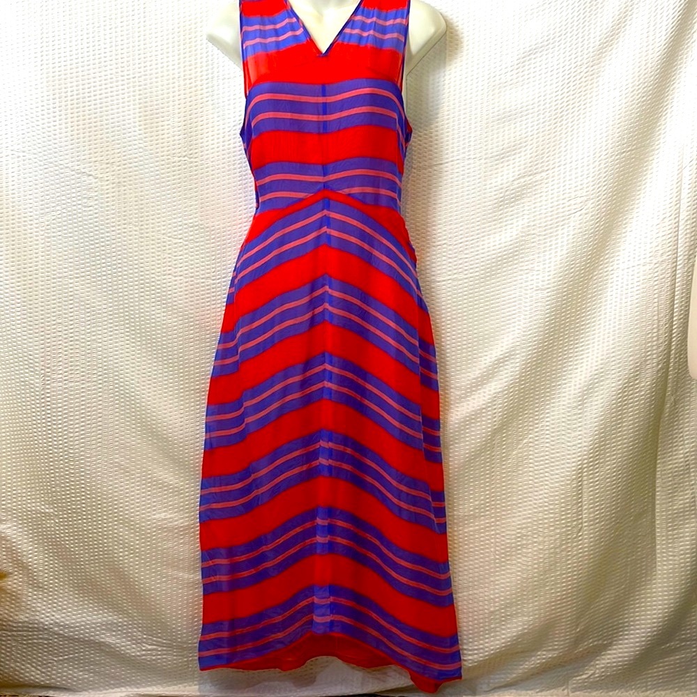 Lewit 100% Silk Striped Lined Midi Dress Red Orange & Purple Blue